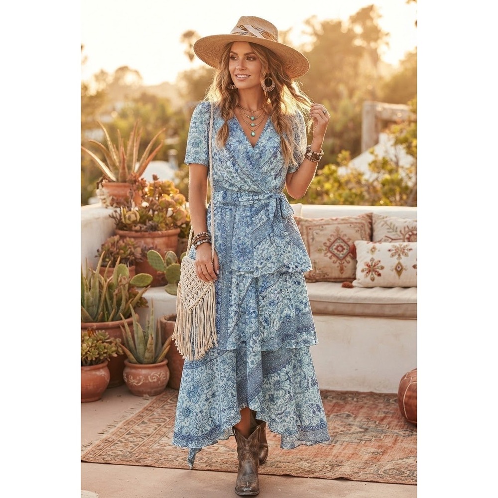 Calvin Klein Blue Paisley Tiered Maxi Dress Short Sleeve Wrap V-Neck Size 6